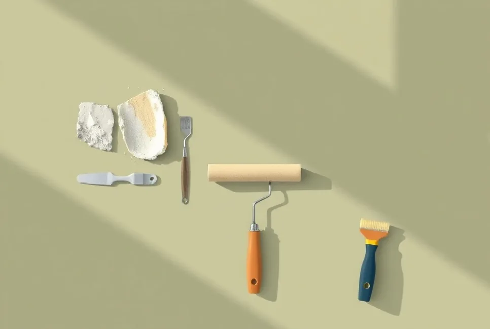 Outils de peinture disposés dans l'ordre des étapes du chantier