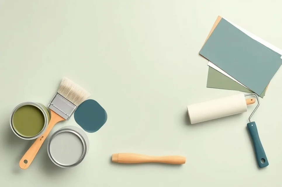 Pots de peinture, nuancier, brosses et rouleaux disposés à plat