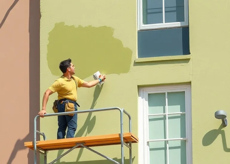 Peintre sur échafaudage traitant la façade d'une maison